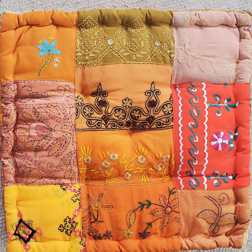 Meditation Floor Seating Cushion Embroidered Patchwork Oranges Firm & Beautiful!
